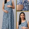 Blue printed feeding kurti showing hidden nursing zipper, front view and comfortable A-line maternity fit.