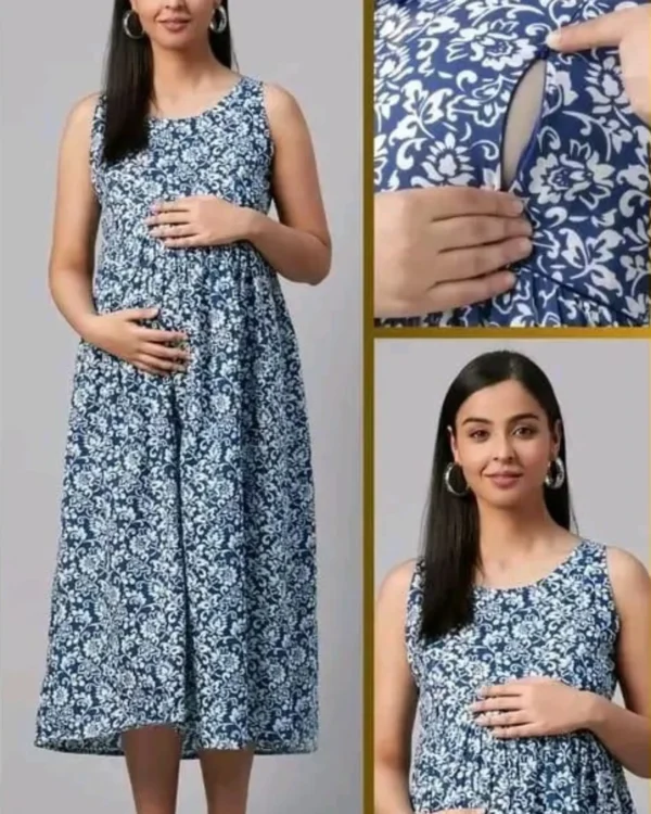 Blue printed feeding kurti showing hidden nursing zipper, front view and comfortable A-line maternity fit.