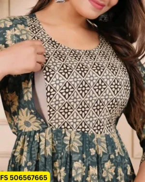Graceful Green Cotton Feeding Kurti with Hidden Zip Front View Graceful green cotton feeding kurti with hidden nursing zip, floral print and three-quarter sleeves for breastfeeding mothers.
