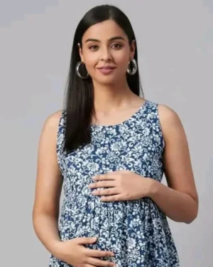 Premium blue printed cotton blend feeding kurti for women with hidden nursing zippers and comfortable A-line fit.