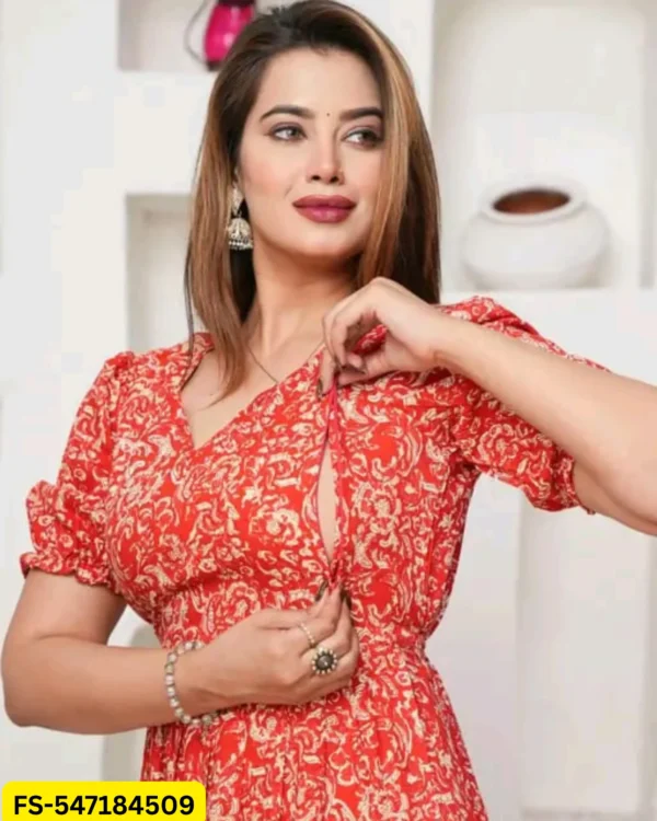 Premium Coral Red Floral Rayon Feeding Kurti Front View for Women
