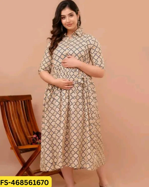 Full length cream printed feeding kurti made from soft rayon fabric with hidden breastfeeding zippers.
