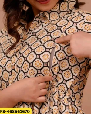 Premium cream rayon feeding kurti for women with hidden nursing zippers, printed design and comfortable maternity fit.