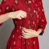 Premium red rayon feeding kurti for women with hidden nursing zippers, printed Anarkali design and three-quarter sleeves.