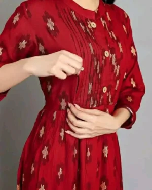 Premium red rayon feeding kurti for women with hidden nursing zippers, printed Anarkali design and three-quarter sleeves.