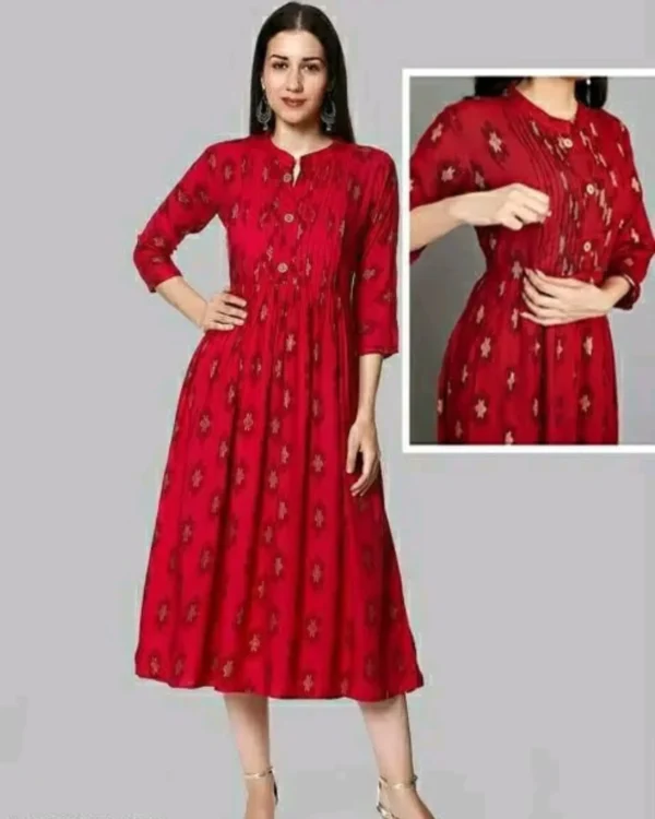 Front view of premium red Anarkali feeding kurti with hidden nursing zipper for breastfeeding mothers.