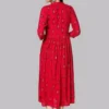 Back view of premium red printed rayon feeding kurti with comfortable Anarkali fit.
