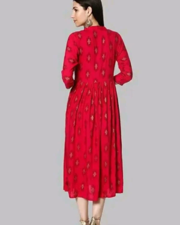 Back view of premium red printed rayon feeding kurti with comfortable Anarkali fit.