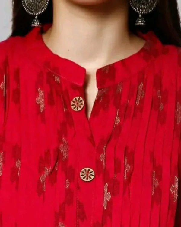 Close-up of neckline, buttons and printed rayon fabric on premium feeding kurti.