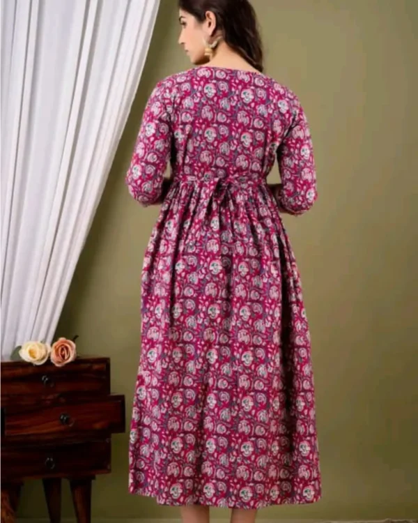 Designer Cotton Maternity Feeding Kurti Back View Back view of designer cotton maternity feeding kurti with relaxed fit and printed design.