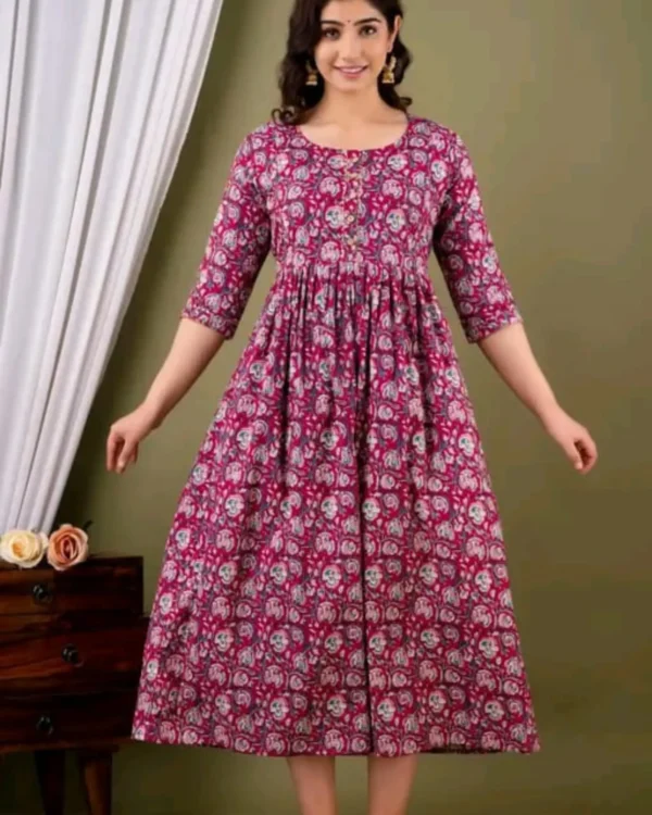 Designer Cotton Maternity Feeding Kurti Front View Designer cotton maternity feeding kurti for women with printed pattern and comfortable three-quarter sleeves.