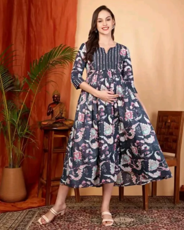 Premium navy floral feeding maternity kurti stylish view